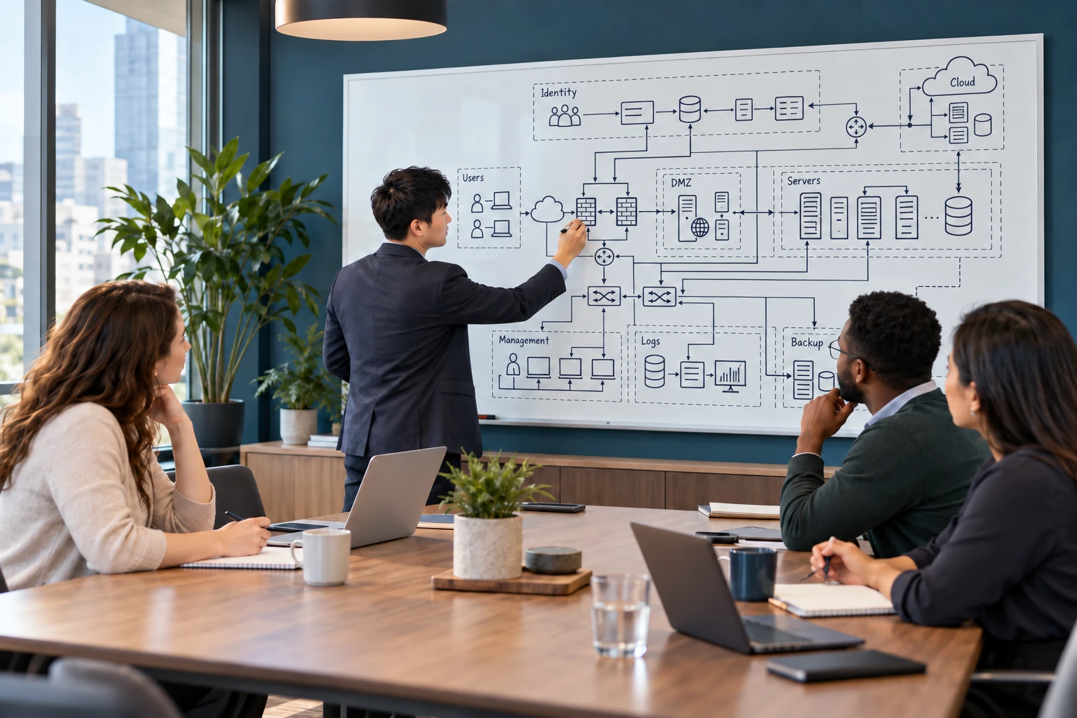 AI-created architecture workshop scene with an advisor explaining security boundaries to a client group